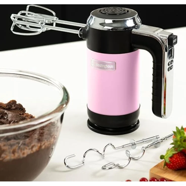 Westinghouse Retro Handmixer, 5 Geschwindigkeitsstufen + Turbofunktion, 2 Rührbesen, 2 Knethaken, LCD-Anzeige, Timer, Sockelboden, Aufbewahrungstasche, 350 Watt, pink – Bild 4