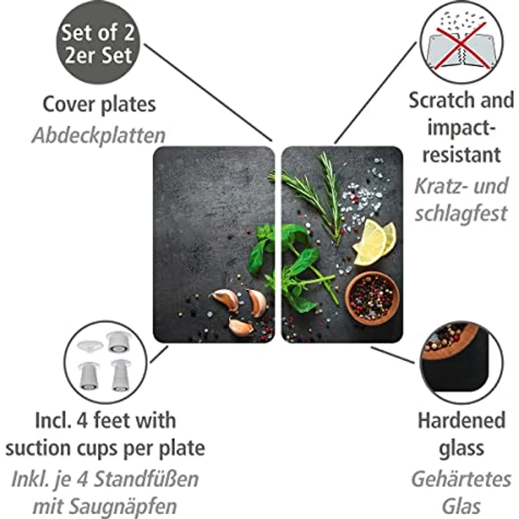 WENKO Herdabdeckplatte Universal Kräuter, 2er Set Herdabdeckung für alle Herdarten aus gehärtetem Glas, Herdabdeckplatten auch als Schneidebrett nutzbar, hygienisch, kratz- und schlagfest, 30 x 52 cm – Bild 2
