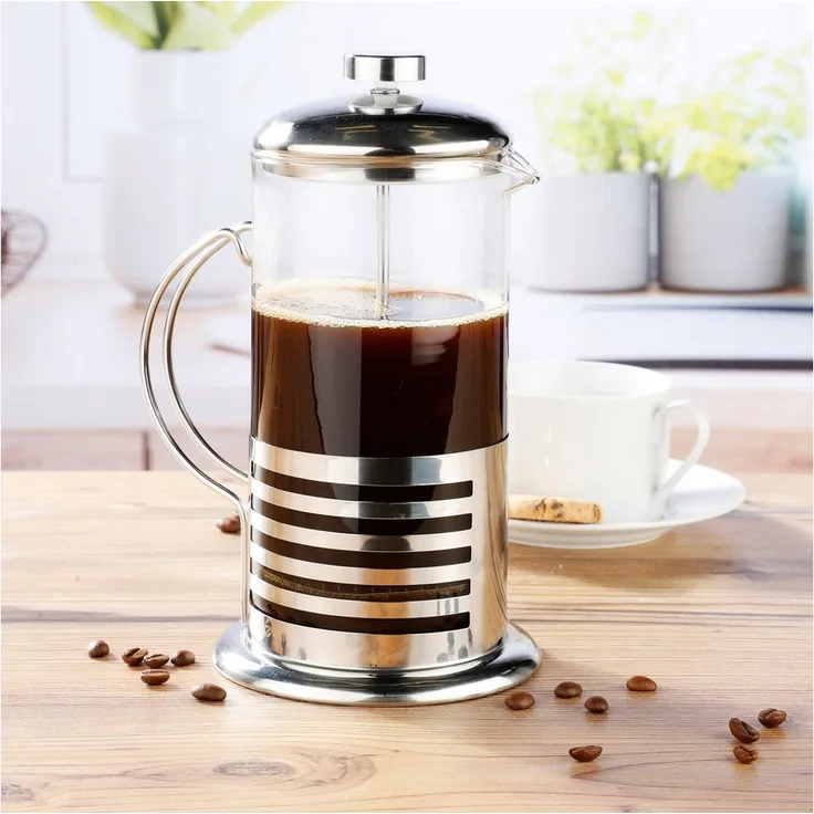mucHome French Press Kanne, 1l Kaffeebereiter aus klarem Glas und satiniertem Edelstahl mit tropffreiem Ausguss