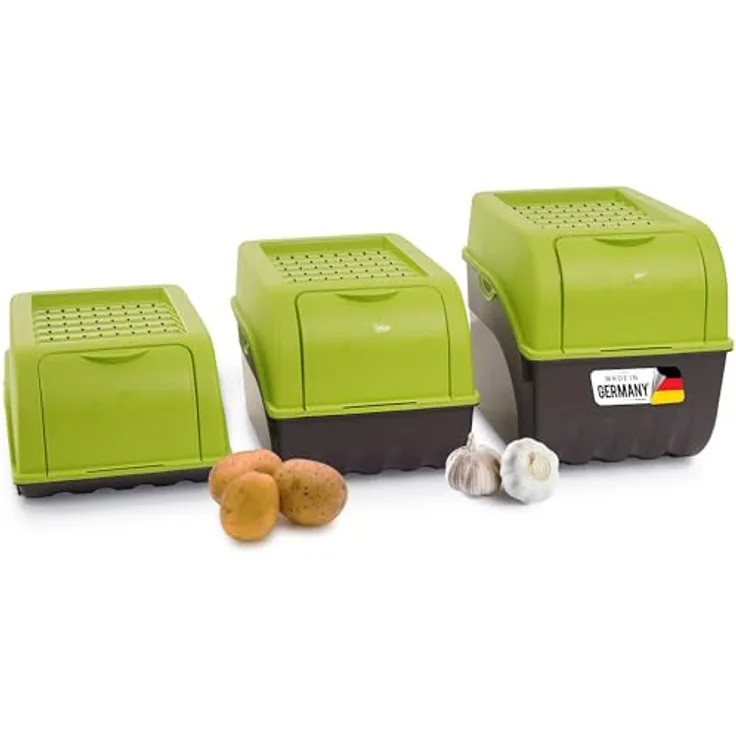 Novaliv Kartoffel Aufbewahrungsboxen Set, 3 Stück in GRÜN, stapelbar, mit Löchern für optimale Luftzirkulation, Volumen: 3,5L + 5L + 9L