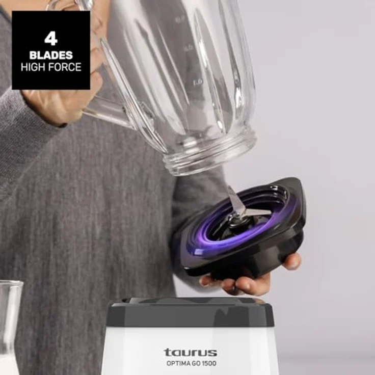 Taurus Standmixer Optima Go | 1500W, 500ml To-Go-Becher, 4-flügelige Edelstahlklingen, 2 Geschwindigkeiten + Turbo, rutschfest, Sicherheitsverriegelung, Grau – Bild 3