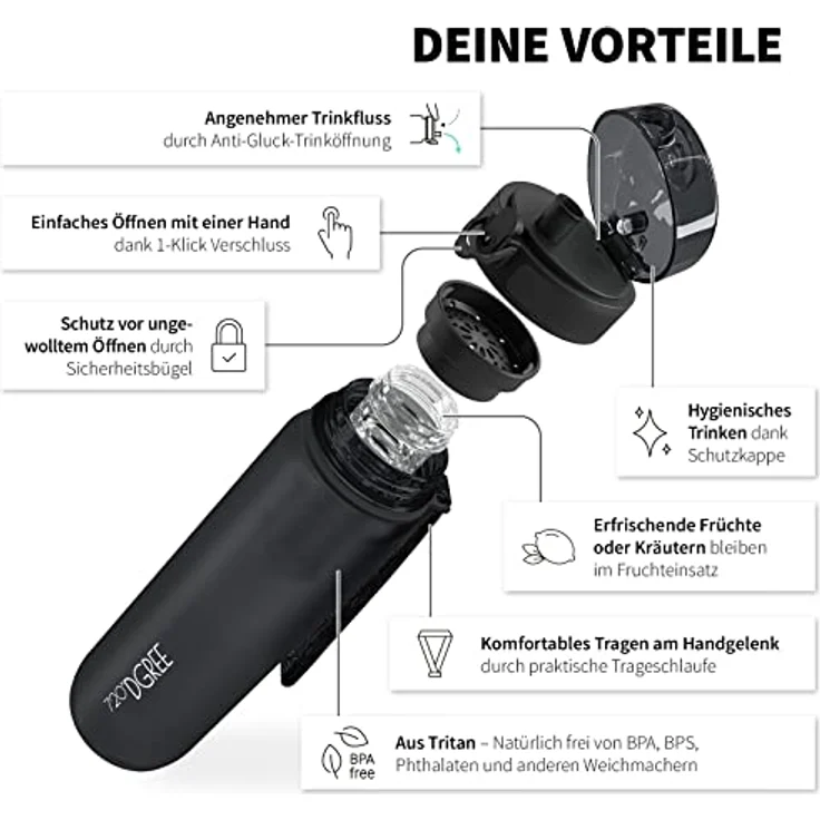 Trinkflasche Wasserflasche Fruchteinsatz 0,65L - BPA-Frei uberBottle 720 DGREE onyx black – Bild 2