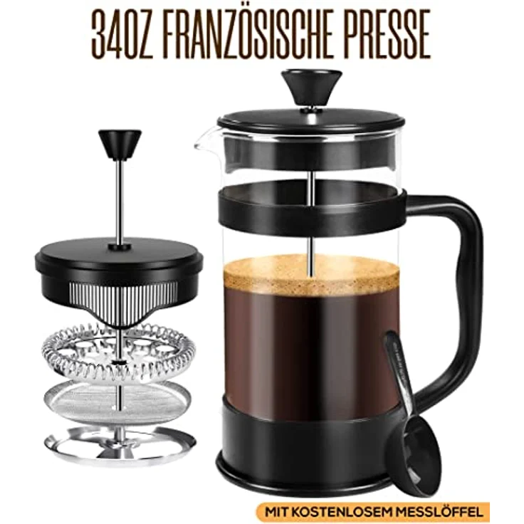 KICHLY French Press Kaffeemaschine, Tragbare Cafetière mit Dreifachfilter, Hitzebeständiges Glas, Edelstahlgehäuse, 1000ml - Schwarz – Bild 4