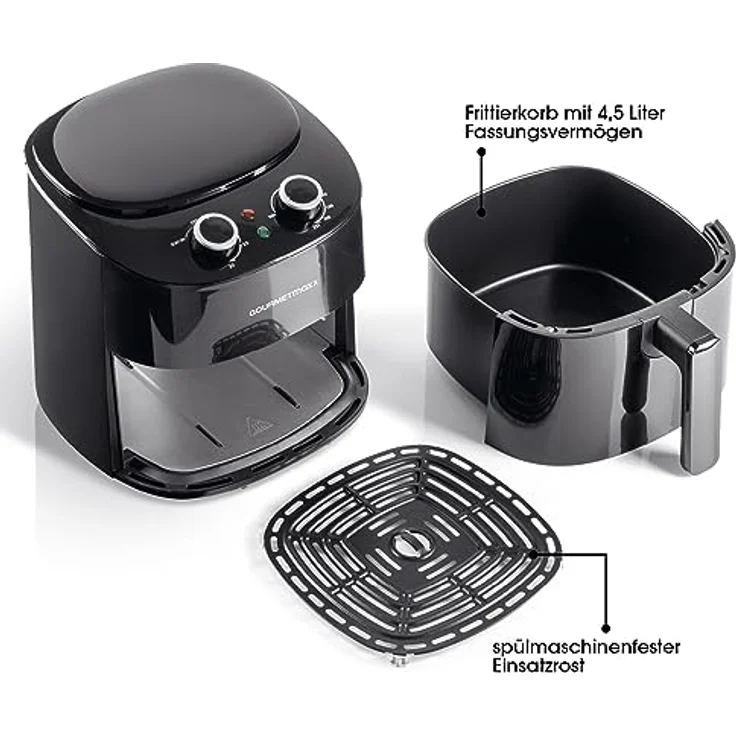 GOURMETmaxx Heißluftfritteuse 4,5L | Airfryer mit 8 Programmen, ideal zum besonders fettarmen Garen, Grillen oder Backen ohne Öl | Mit LCD-Display, Timer- & Stay-On-Funktion | 1400W [Schwarz] – Bild 4