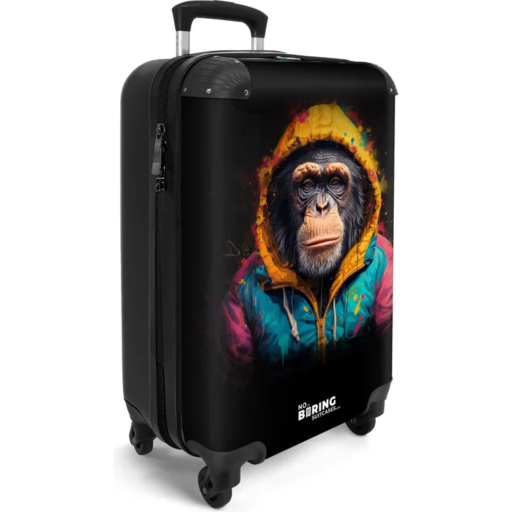 NoBoringSuitcases.com© Hartschalen-Trolley Affe mit bunter Weste 55x35x20cm, 4 Rollen, Handgepäck Koffer Flugzeug – Bild 1