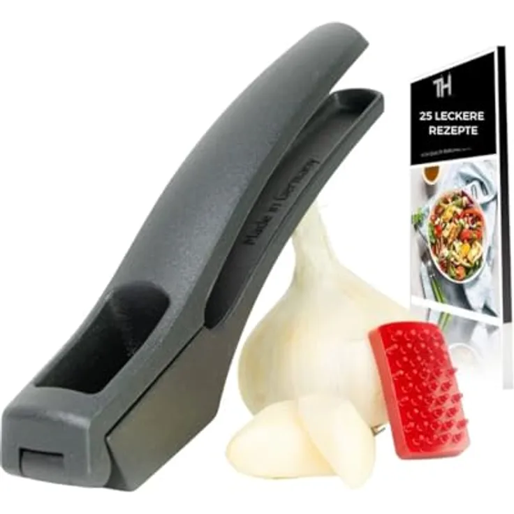Thiru Knoblauchpresse (Basic - feines Knoblauchhack) - inkl. Reinigungsstempel - Kein Schälen notwendig - Ideal für Ingwer, Knoblauch, Zwiebeln & Kapern - inkl. E-Book 25 Rezepten - Made in Germany