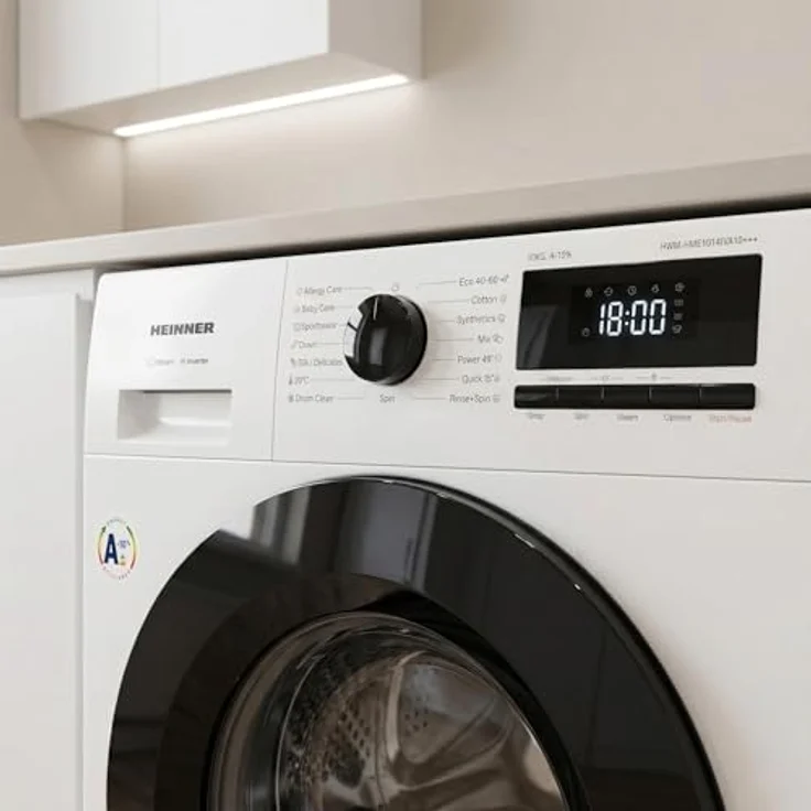 Heinner HWM-HME1014IVA10+++, Frontlader Waschmaschine, 10 kg Kapazität, Energieeffizienzklasse A, 1400 U/min, Weiß mit schwarzer Tür – Bild 7