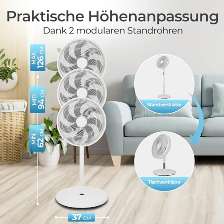 KLAMER Standventilator leise mit Fernbedienung, 12 Geschwindigkeiten, 3 Modi, 85° Oszillation, 8h Timer – Bild 9