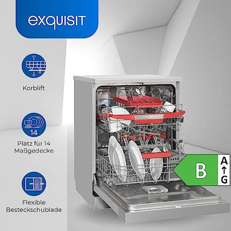 Exquisit Geschirrspüler GSP9614-030B inox | Spülmaschine freistehend 60cm | AquaStop | Auto-Door-Open | Geschirrspülmaschine flexible Besteckschublade – Bild 2
