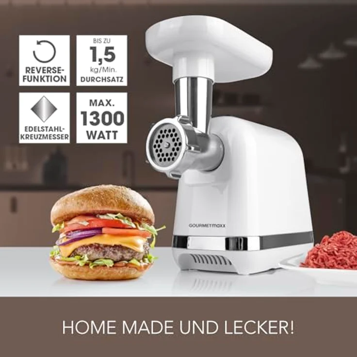 GOURMETmaxx Fleischwolf elektrisch, 1300 W mit 2 Lochscheiben & 3 Spezialaufsätzen für 1,5 kg Fleisch pro Minute – Bild 2