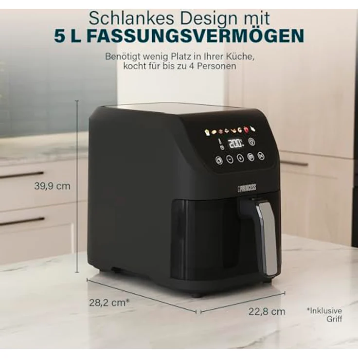 Princess Slim Airfryer 5L - Heißluftfritteuse mit 1500 W, Ölfrei, 8 Kochprogramme, Platzsparendes Design - Antihaftbeschichtung - Schwarz 182240 – Bild 2