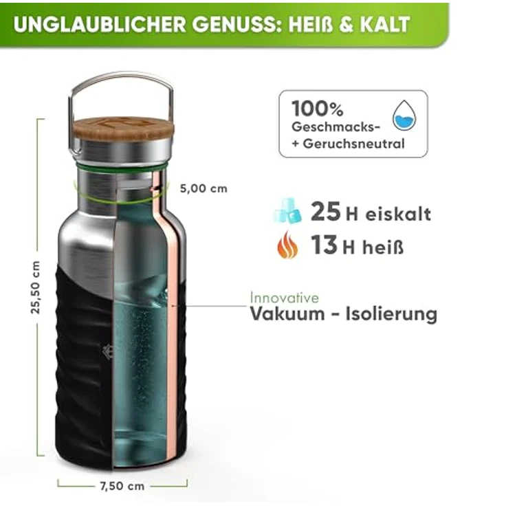 Blockhütte Edelstahl Trinkflasche 750ml, auslaufsicher, BPA-frei mit Silikonmantel, ideal für Kohlensäure, für Kinder und Erwachsene, inkl. Sicherheitskarabiner und Ersatzdichtung – Bild 3