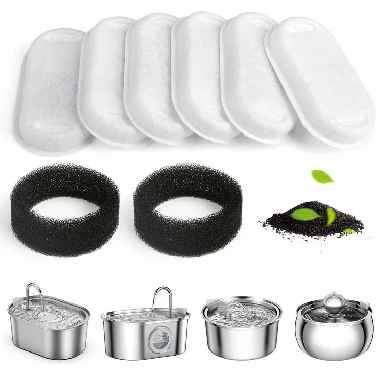Petace Katzenbrunnen Filter Set, 6 Aktivkohlefilter & 2 Schaumfilter für Edelstahlbrunnen mit effektiver Filtration und Förderung der Gesundheit