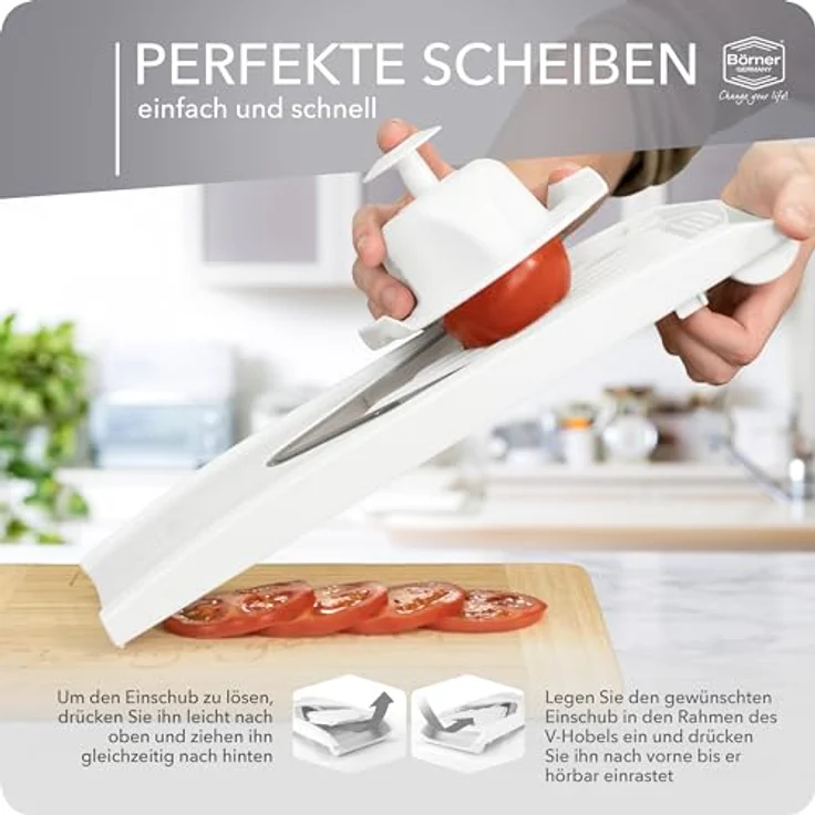 Börner Gemüsehobel V1 ClassicLine Profi Set, Kunststoff, mit 2 Messereinschüben und Dockingstation weiß – Bild 6