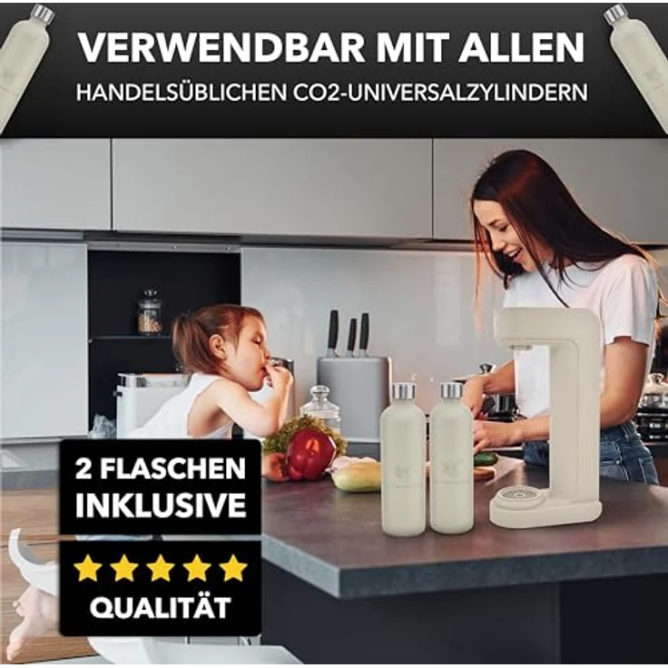 Luckymoose Infinity Wassersprudler mit 2x 1,25L spülmaschinenfesten Edelstahlflaschen – CO₂-sparende Mineralwasser Maschine, kompatibel mit blauen 60l CO₂-Zylindern – Bild 4