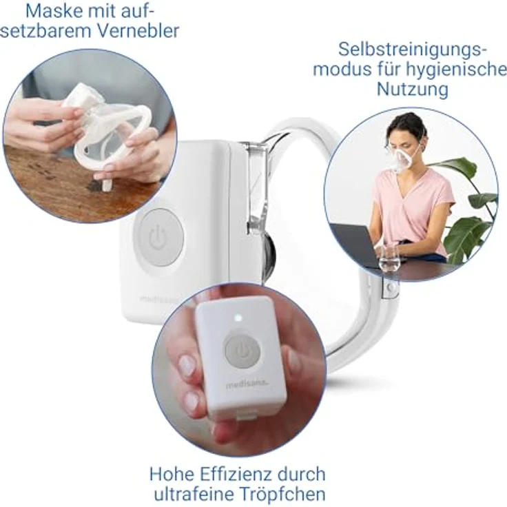 Medisana IN 700 Inhalator mit Akku, tragbar und kabellos, Vernebler mit Mesh Technologie, für freihändige Inhalation, Mundstück und Maske, blau – Bild 4