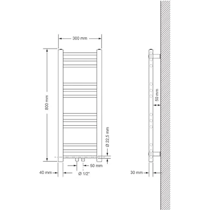 LuxeBath Badheizkörper 300 x 800 mm, Weiß, Gerade mit Mittelanschluss, 255 Watt Wärmeleistung – Bild 2