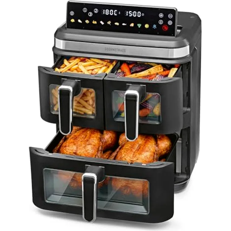 GOURMETmaxx FryUp3, Vertikale Heißluft-Fritteuse mit 3000W, 17l, 3 Frittierkammern und Sichtfenster, schwarz/Edelstahl