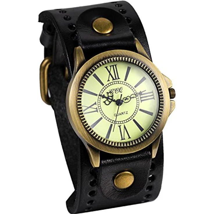 JewelryWe Retro Damen Armbanduhr, Vintage Analog Quarz Uhr mit römischen Ziffern und breitem Lederarmband, Schwarz – Bild 1