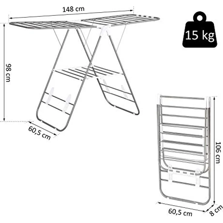 HOMCOM faltbarer Wäscheständer, tragbarer Flügelwäschetrockner, Edelstahl, Kunststoff, Silber, Weiß, – Bild 5