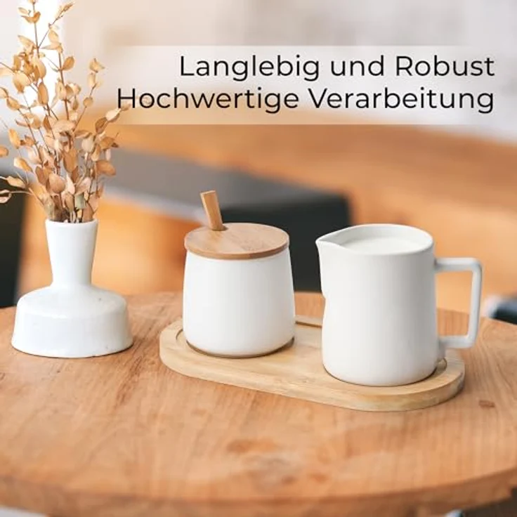 MIAMIO Milch und Zucker Set, Keramik Milchkännchen mit Holzdeckel und Löffel, mikrowellen- und spülmaschinenfest, Weiß – Bild 5