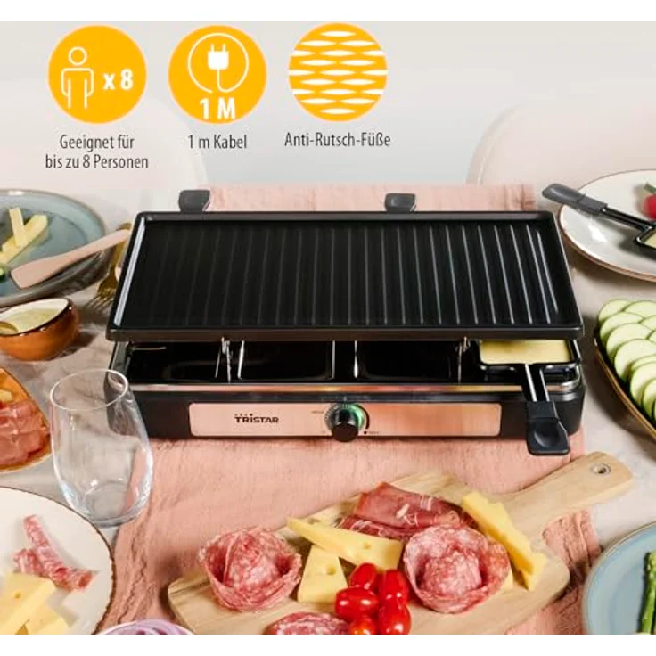 Tristar Raclette – 8 Personen – Kochfläche 42 x 23 cm – Einstellbarer Thermostat mit Lichtring – 1400 W – Schwarz – RA-2746 - Preisvergleich – Bild 3
