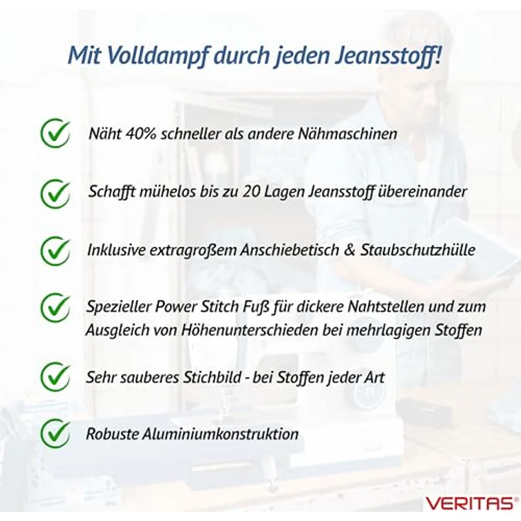 VERITAS Power Stitch 21 Denim Nähmaschine, mit XXL-Anschiebetisch und Fußpedal, bis zu 1.000 Stiche/Min, anpassbarer Nähfußdruck, inkl. Staubschutzhülle – Bild 2