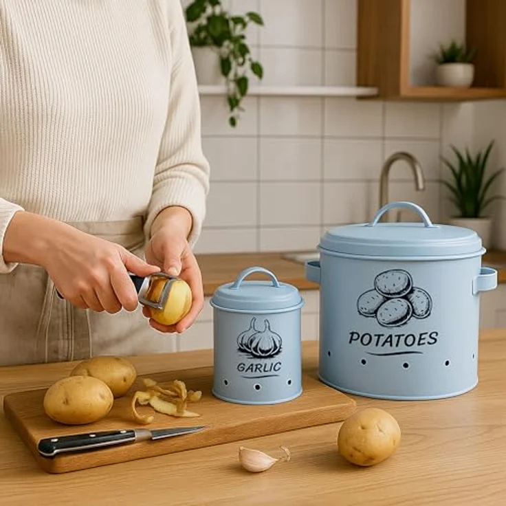 relaxdays Vorratsdose Kartoffel Aufbewahrungsbox 3er Set, Stahl, weiß, mit Belüftungslöchern zur optimalen Lagerung von Kartoffeln, Zwiebeln und Knoblauch – Bild 3
