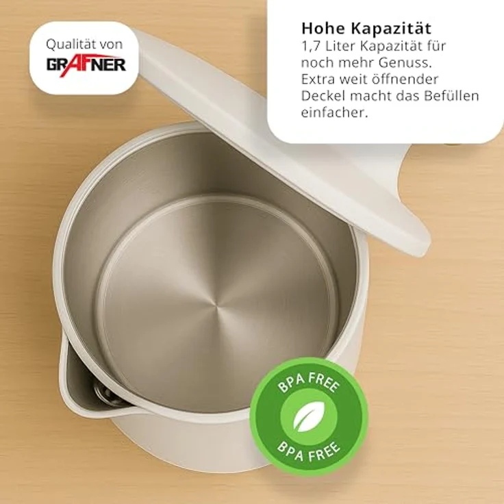 Grafner Edelstahl Wasserkocher 1,7L mit Temperatureinstellung 40°C-100°C, Warmhaltefunktion, Memoryfunktion, LCD-Display, Doppelwand, 2200 Watt, digital (Weiß) – Bild 4