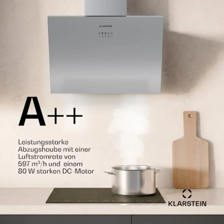 Klarstein Silver Lining 60 cm Kopffrei-Dunstabzugshaube, 557 m³/h Abzug, Edelstahl, LED-Beleuchtung, Tastenbedienung, A++ – Bild 4