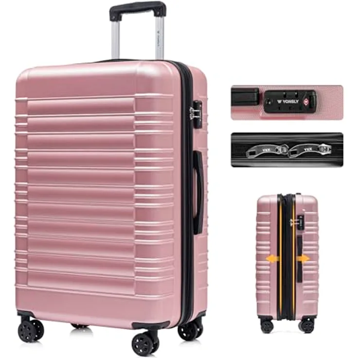 YONSLY Suitcase Reisekoffer XL, Erweiterbarer Hartschalenkoffer mit TSA-Schloss und YKK-Reißverschluss, Roségold, 360° Rollen