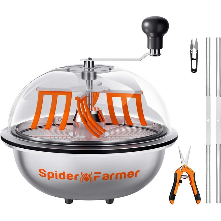 Spider Farmer Bud Leaf Bowl Trimmer, 33 cm Edelstahl Zerkleinerer mit Handkurbel für schonendes Trimmen
