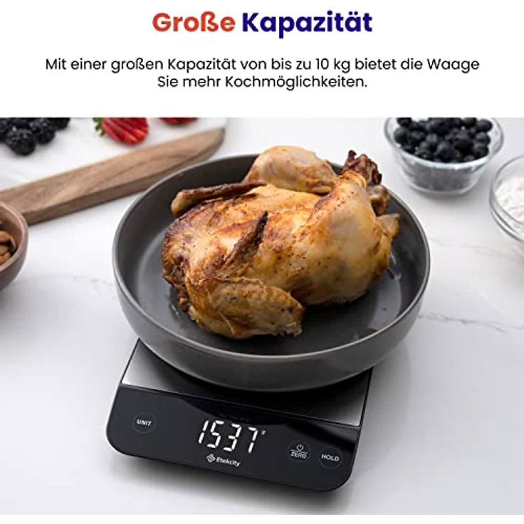 ETEKCITY Küchenwaage digital, Waage Küchenwaage mit größer lebensmittelechter Edelstahl-Platte, USB-Aufladung, wasserdichte 10KG Waage mit LED-Display, hohe Präzision bis zu 1g, Tara-Funktion, Silber – Bild 3