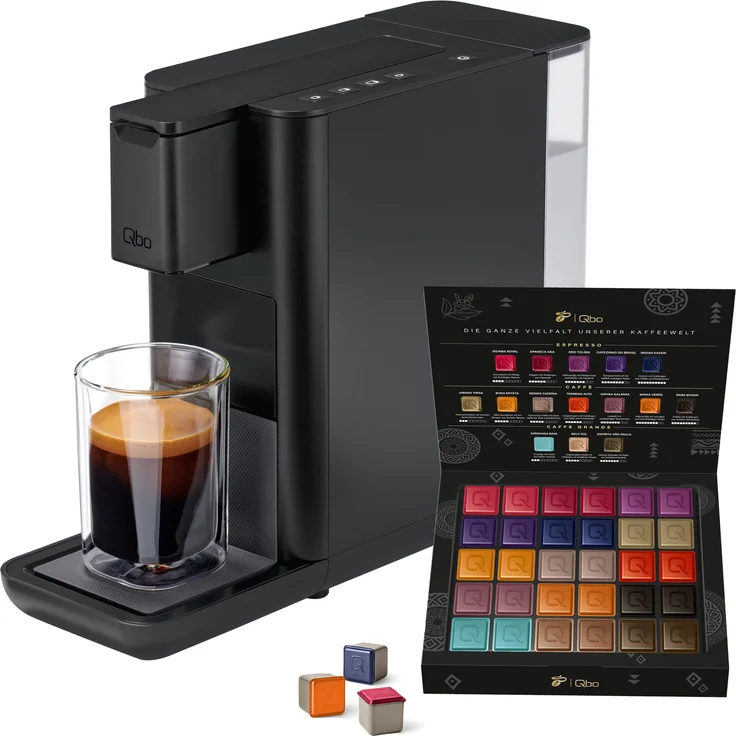 Tchibo Qbo ICONIC Premium Kapselmaschine inkl. 30 recyclebare Qbo Kapseln, Espresso, Caffè, Caffè Grande, Dark Chrome – Bild 1
