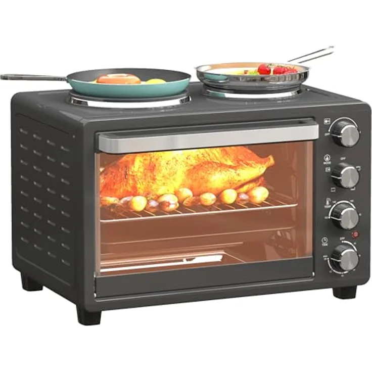 HOMCOM Minibackofen 28 L 2600W Mini Backofen mit 2 Warmhalteplatten, Timer, Pizzaofen Schwarz