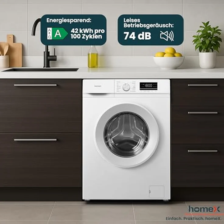 homeX WF610K1A-W Waschmaschine 6 kg, Frontlader, 1.000 U/Min, AquaStop, Inverter Motor, 14 Programme, 39 cm Tiefe, weiß – Bild 8
