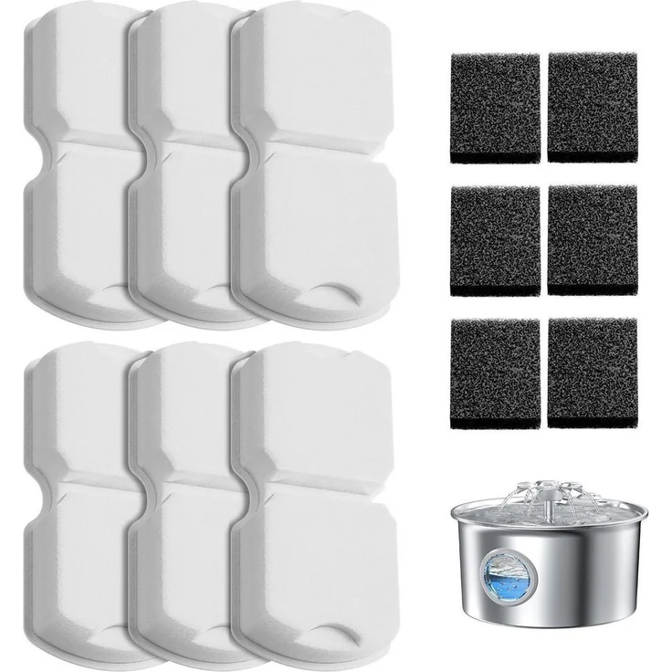 Katzen Trinkbrunnen Filter Ersatz, 12 Stück Set mit 6 Aktivkohle- und 6 Schwammfiltern für Edelstahl Trinkbrunnen, mehrschichtige Filtration für frisches Wasser