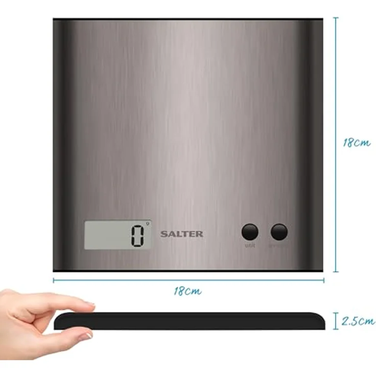 SALTER Arc digitale Küchenwaage, Elektronisches Wiegen, Schlanke Edelstahlplattform, Abgerundete Seiten, LCD Display, Zuwiegefunktion, Leicht zu reinigen – Bild 5