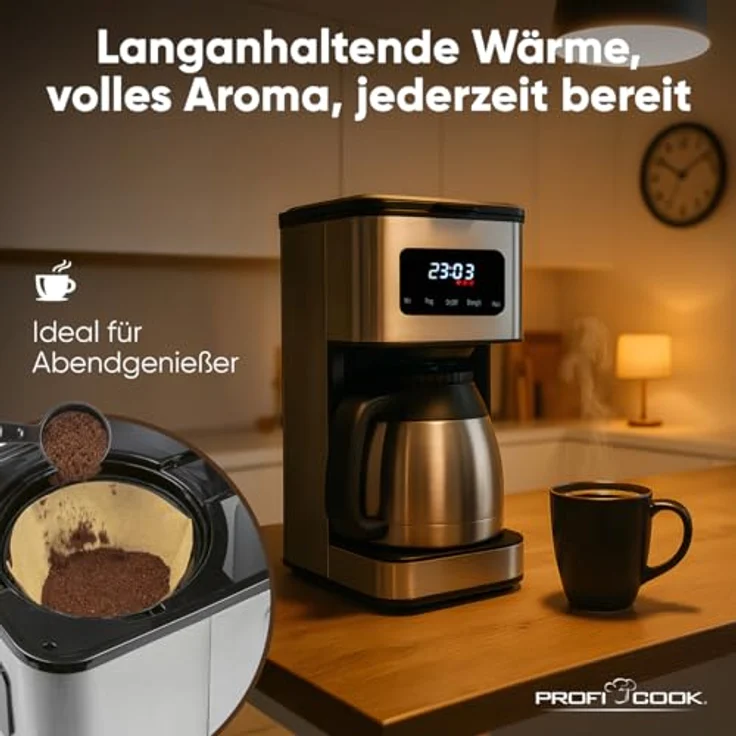ProfiCook® PC KA 1300, Kaffeemaschine mit Edelstahlgehäuse, für bis zu 10 Tassen, Aromawahl in 3 Stufen, Tropfstopp, Uhrzeit-Anzeige, 900W – Bild 4