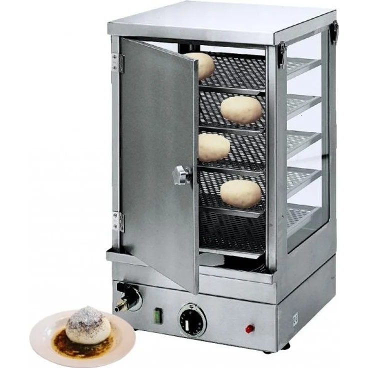 Neumärker Knödeldämpfer, Kleinbackofen mit 3-seitig verglasten gelochten Zwischenböden, 5 gelochten Zwischenböden - 1,8 kW, 230 V, 25 Knödel Kapazität, 400 x 400 x 680 mm, weiß