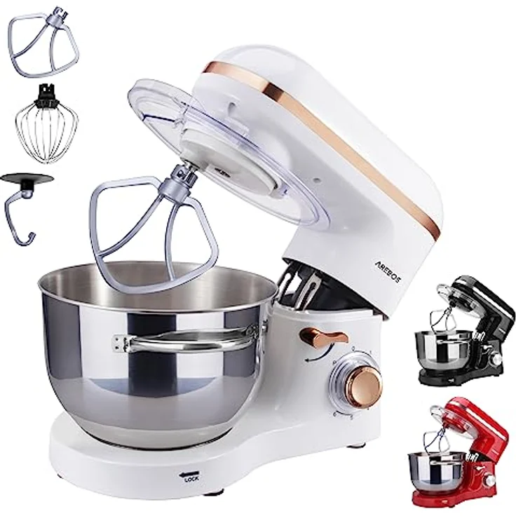 Arebos Küchenmaschine mit Planetenrührsystem, 1500W, 6L Edelstahl-Rührschüssel, 6 Geschwindigkeiten, geräuschlos, weiß – Bild 1