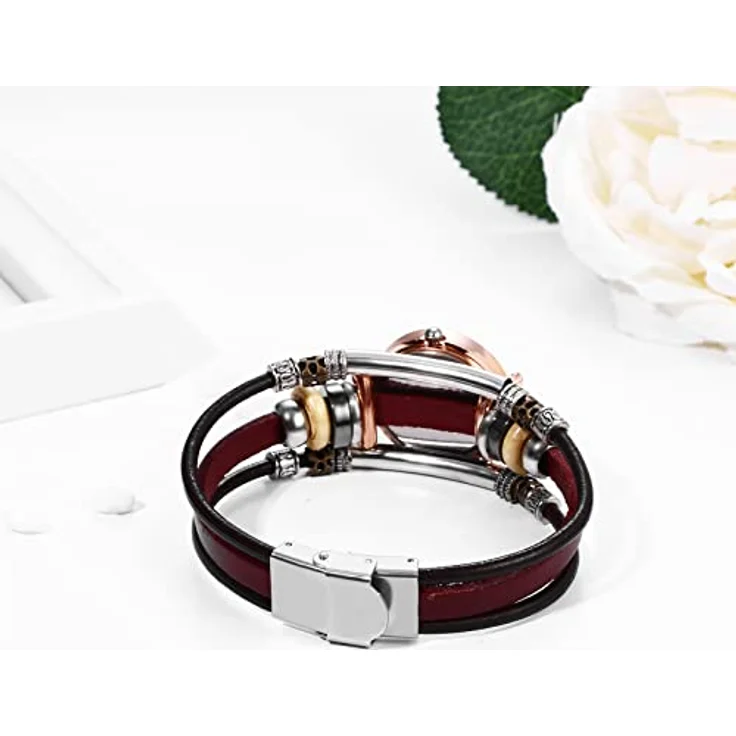 JewelryWe Analog Quarz Armbanduhr Damen, Retro Mehrreihig Geflochtenes Lederarmband, Wasserdicht, Braun – Bild 3