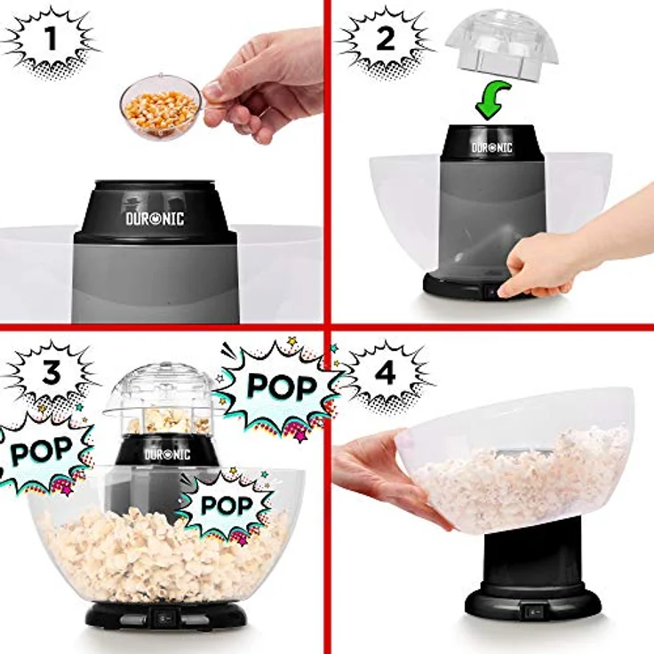 Duronic POP50 BK Popcornmaschine | Heißluft ohne Fett & Öl | 1200 Watt | inkl. Messbecher | für 50 Gramm Mais | abnehmbare Schüssel | Ölfreies Popcorn | Kalorienarm | Schwarz – Bild 2