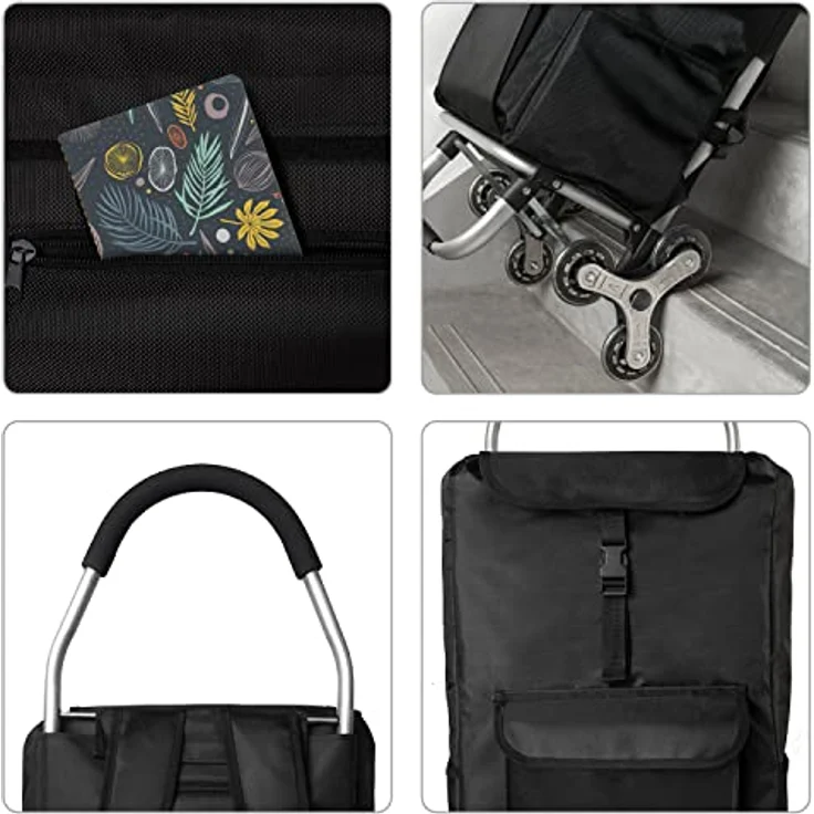 Ribelli Einkaufstrolley schwarz Einkaufswagen hochwertiger Aluminium Rahmen – Klappbarer Einkaufsroller Einkaufsroller – als Rucksack Tragetasche nutzbar – 3+3 Radsystem Treppensteiger– bis 45 kg – Bild 5