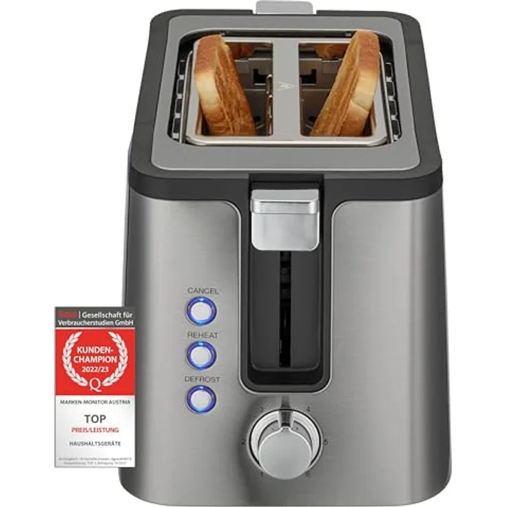 TZS First Austria Toaster | Edelstahl | 2-Scheiben | 6 Bräunungsstufen | Auftau- und Aufwärmfunktion | integrierter Brötchenwärmer | Krümelfach – Bild 2