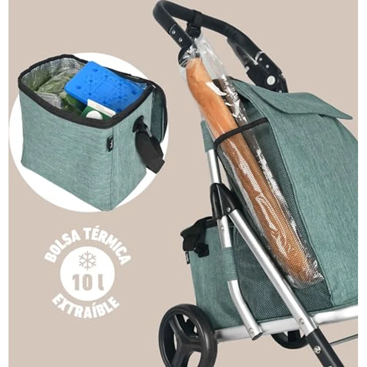 Jata HCAR2501 Einkaufstrolley, 40 l mit Kühltasche, 4 Rädern (2 drehbar), Aluminiumrahmen, zusammenklappbar, mit Bremse – Bild 4