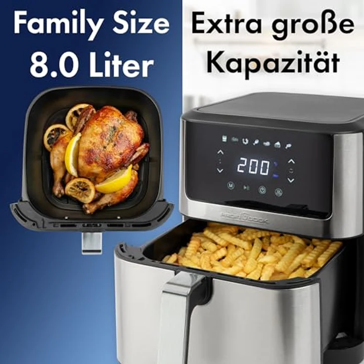 ProfiCook® Heißluftfritteuse 8L | Öl- und fettfreie Heissluftfritteuse | Airfryer mit 7 Programmen | Heißluftfritteuse XXL mit geringer Rauch- und Geruchsentwicklung | Heißluftfriteuse PC-FR 1269 H – Bild 2