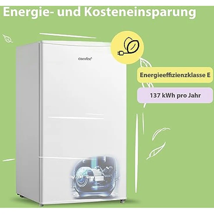 Comfee RCD80WH2(E) Kühlschrank mit Gefrierfach/ 80L Tischkühlschrank/Obst- und Gemüsefach/ 84,5cm Höhe / 47,5cm Breite / 137kWh/Jahr/Einstellbare Temperaturregelung/Verstellbare Füße/Weiß – Bild 5
