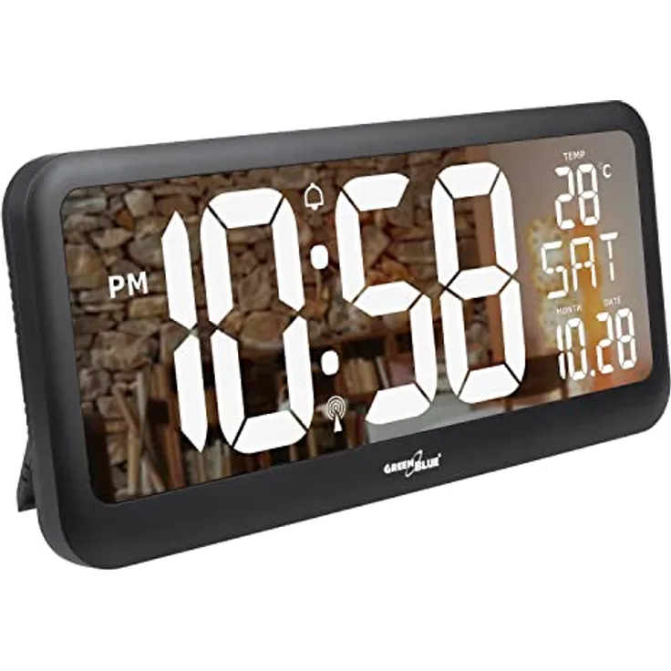 Green Blue GB214 Digitale Uhr mit Temperatuursensor 37x17cm Große Wanduhr Alarm LCD Display Zum Aufstellen auf Einem Tisch oder Zum Aufhängen an der Wand Stromversorgung über Netzteil oder Batterien