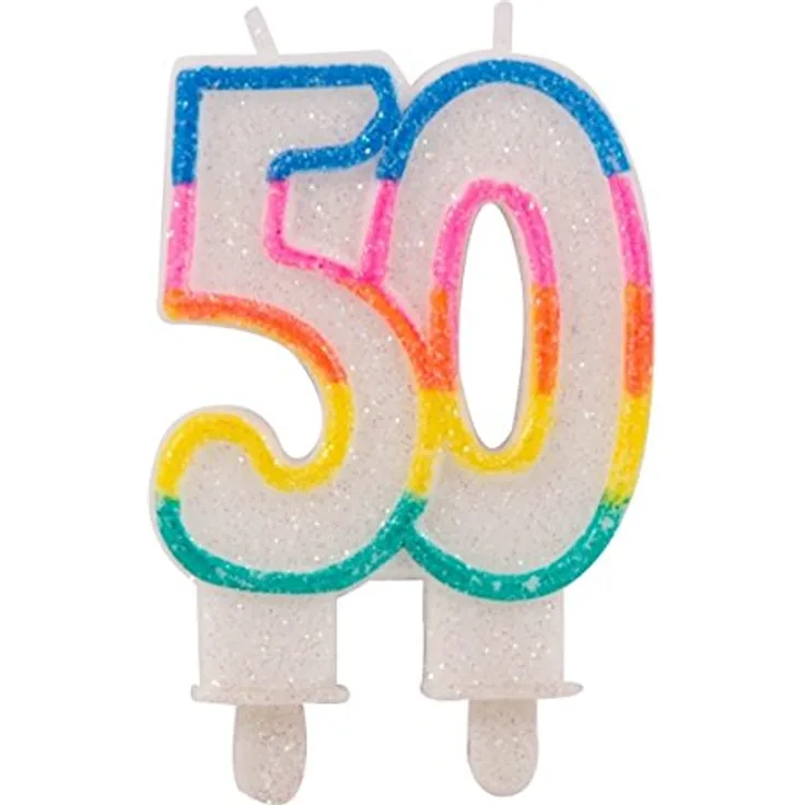 Folat 22895 – Glitzerkuchenkerze Regenbogen mit Halterung – Zahl 50 – ca. 9 x 6 x 1,5 cm